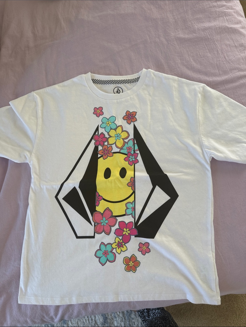 Volcom White Tee with Yellow Smiley & Multicolor Flowers